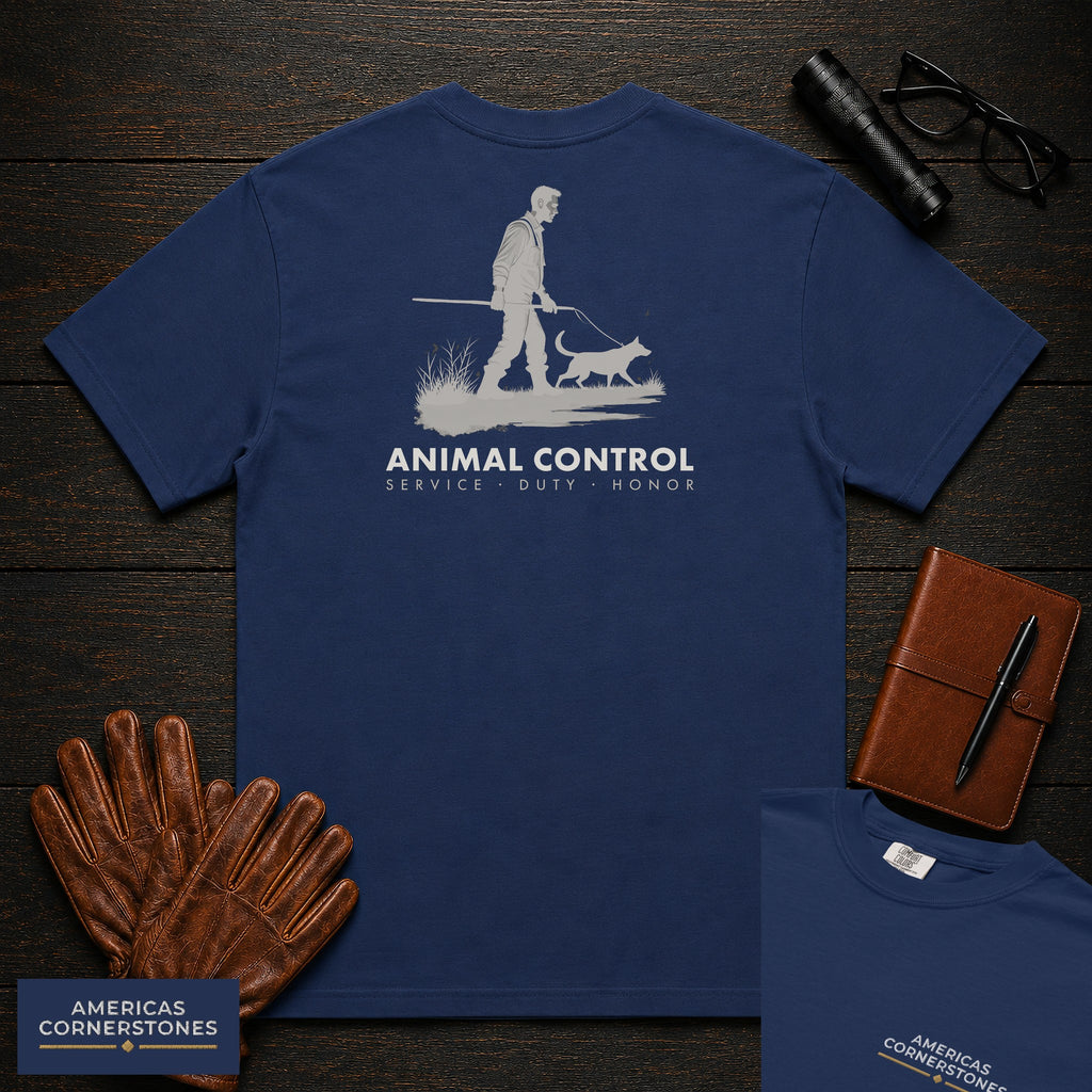Animal Control embroidered t-shirt in True Navy, Catch Pole Approach (Male)
