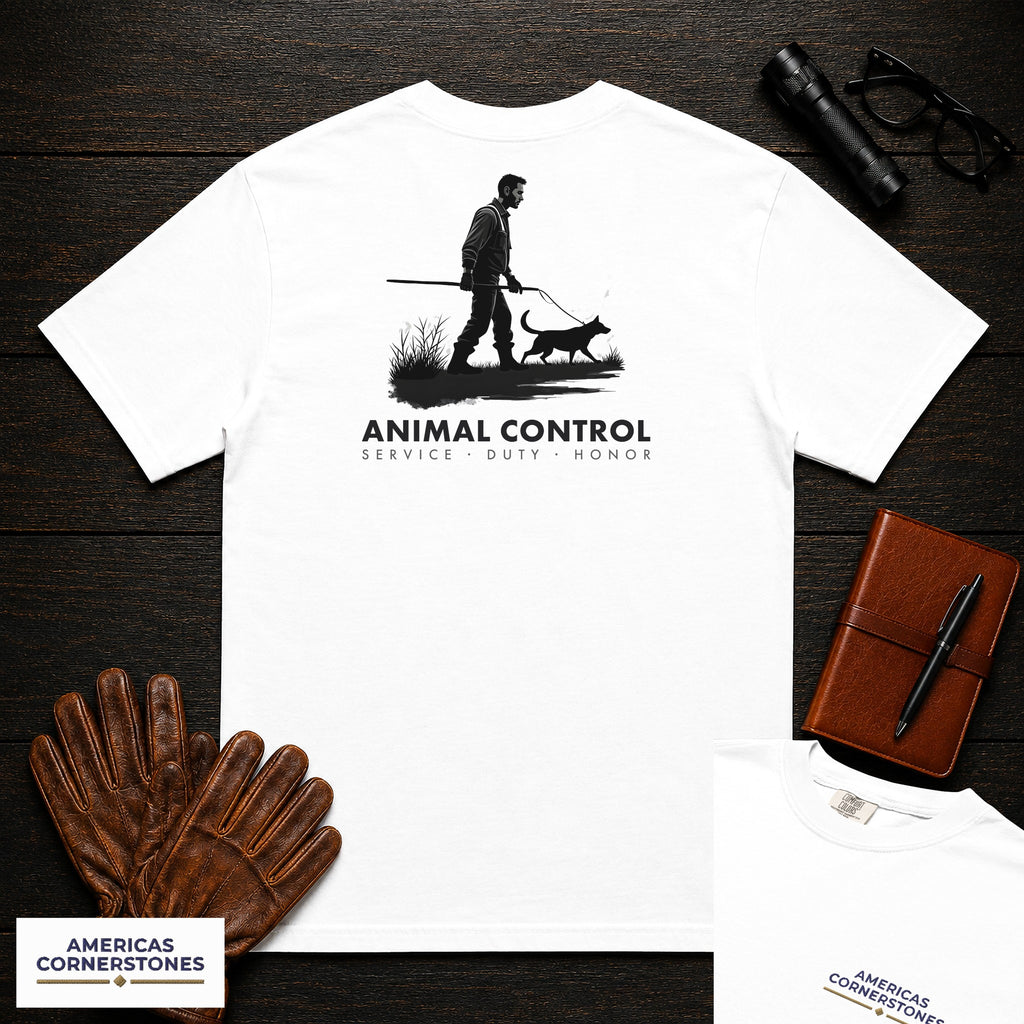 Animal Control embroidered t-shirt in White, Catch Pole Approach (Male)