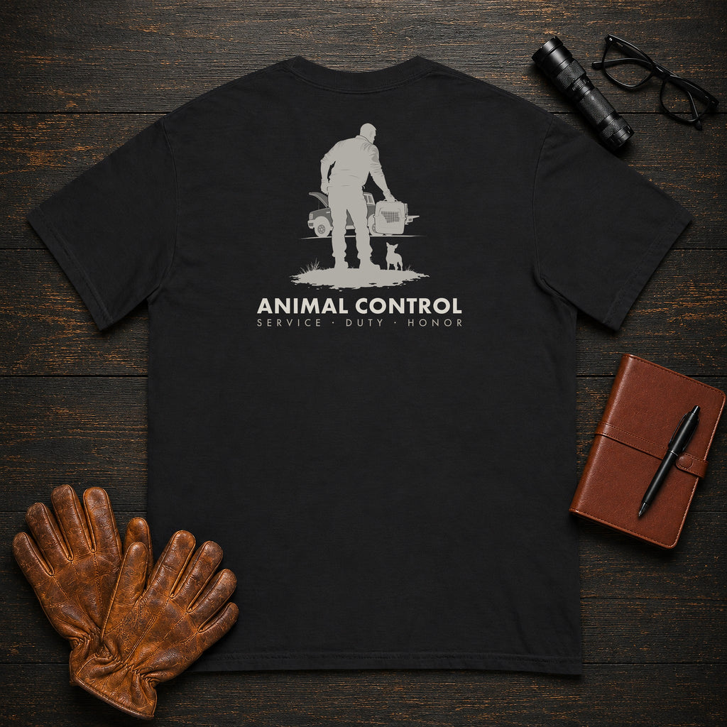 Animal Control t-shirt in Black, Loading a Carrier (Male)