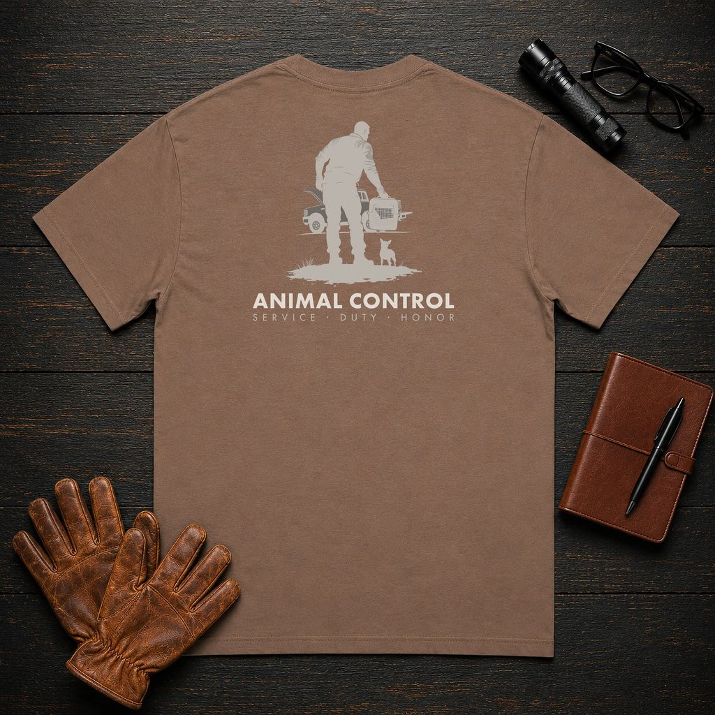 Animal Control t-shirt in Espresso, Loading a Carrier (Male)