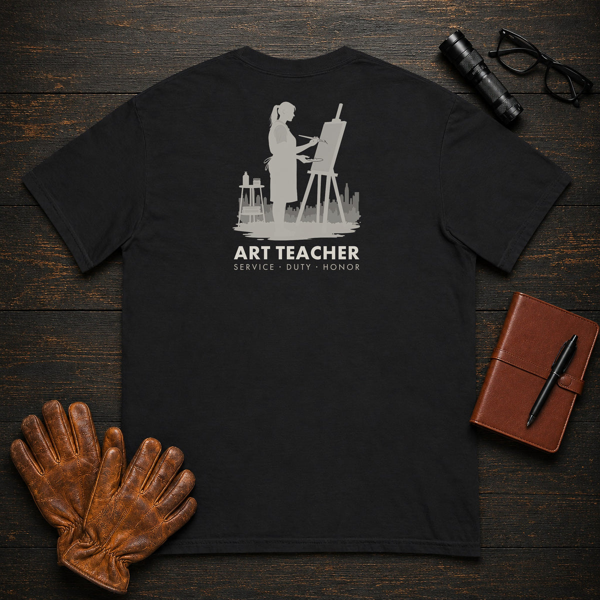 Art Teacher t-shirt in Black, Painting at easel (Female)
