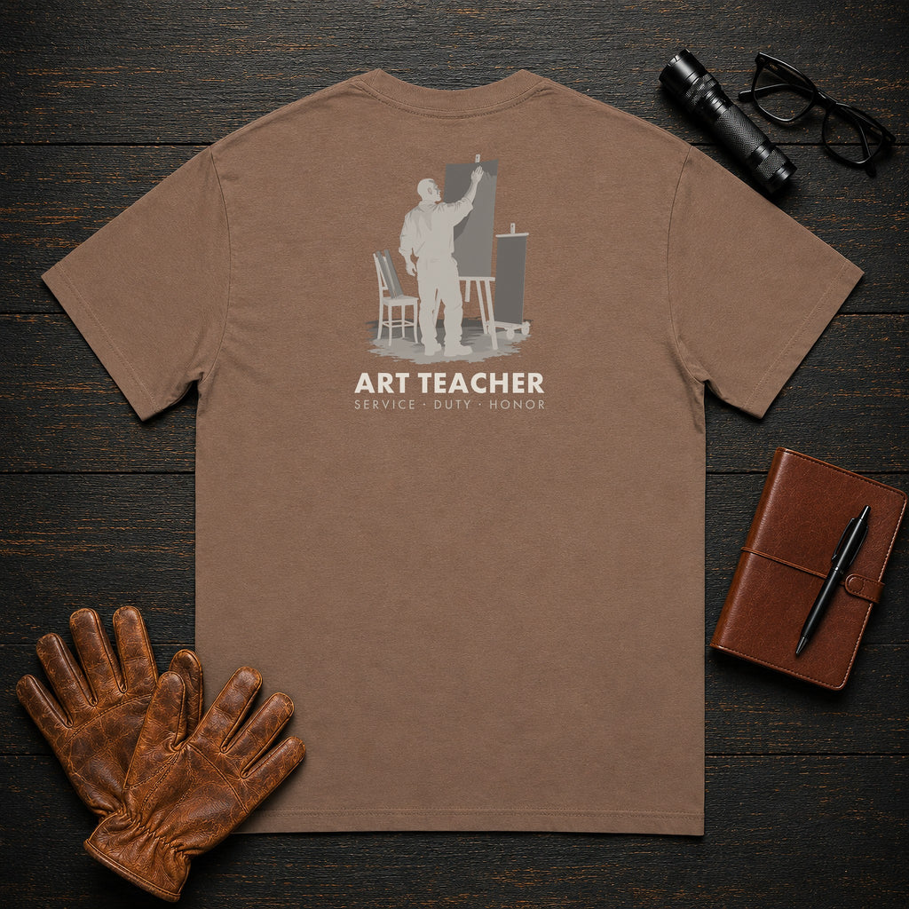 Art Teacher t-shirt in Espresso, Pinning up artwork (Male)