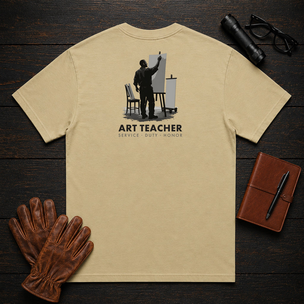 Art Teacher t-shirt in Khaki, Pinning up artwork (Male)