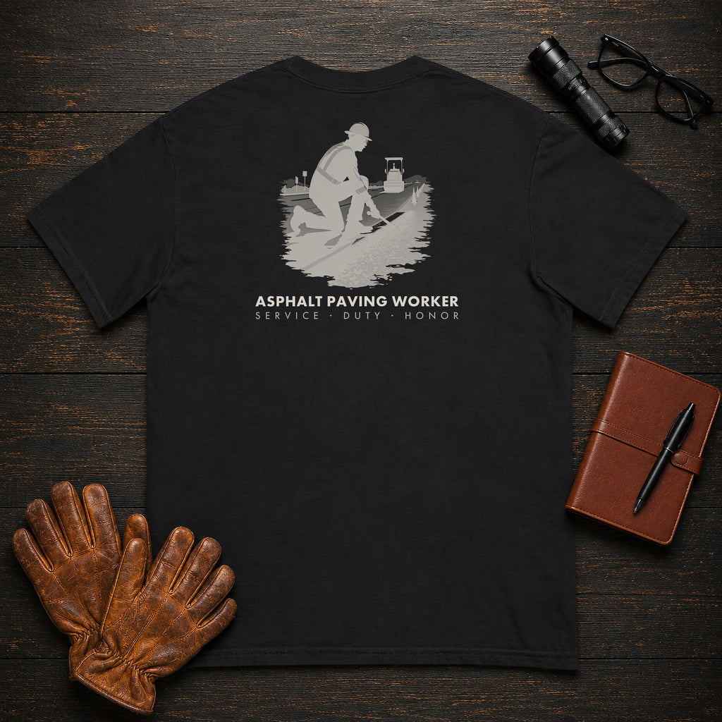 Asphalt Paving Worker t-shirt in Black, Checking the Grade (Male)