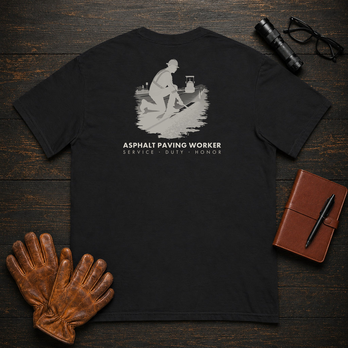 Asphalt Paving Worker t-shirt in Black, Checking the Grade (Male)