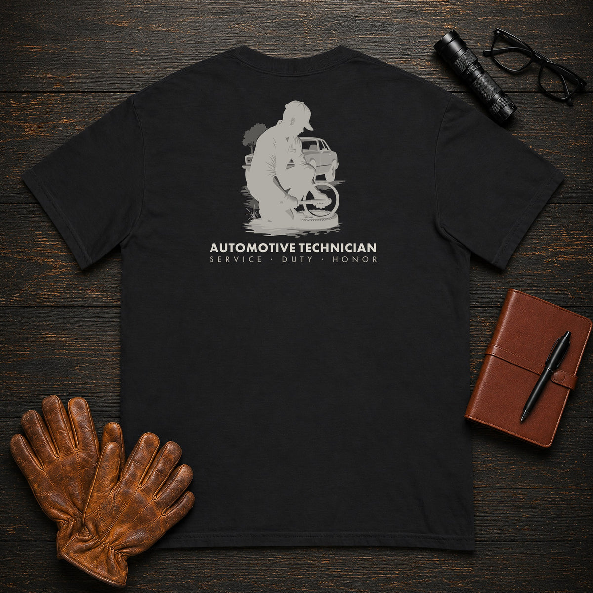 Automotive Technician t-shirt in Black, Torquing a Wheel (Male)
