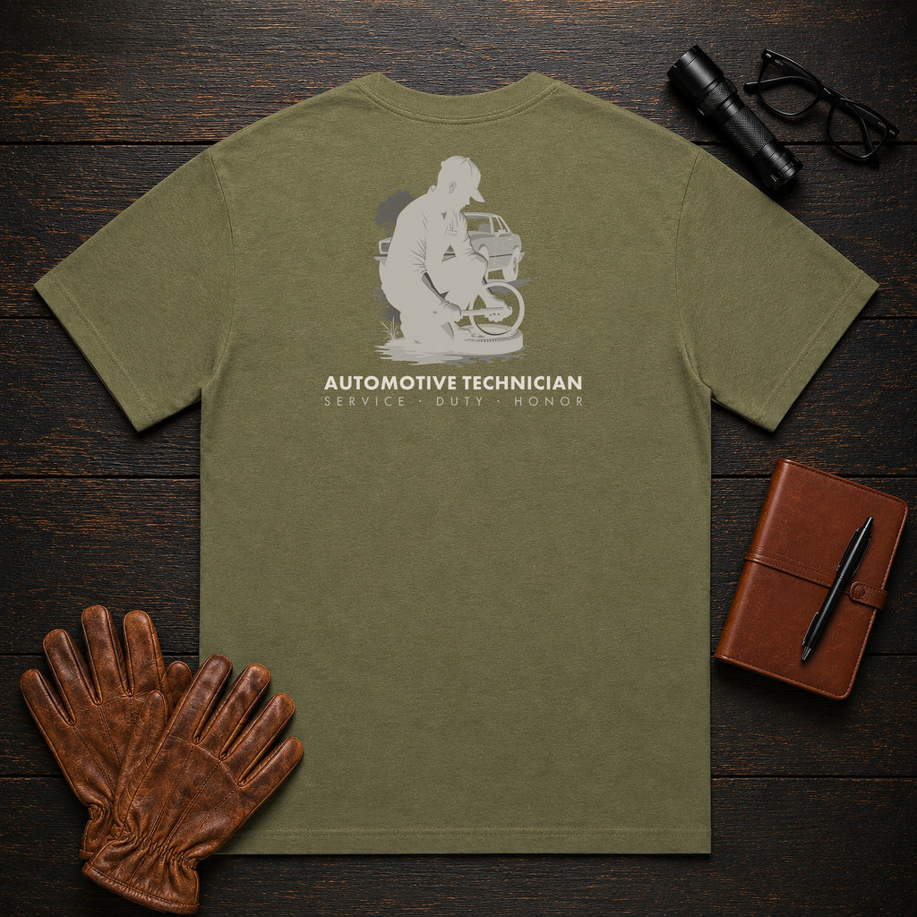 Automotive Technician t-shirt in Hemp, Torquing a Wheel (Male)