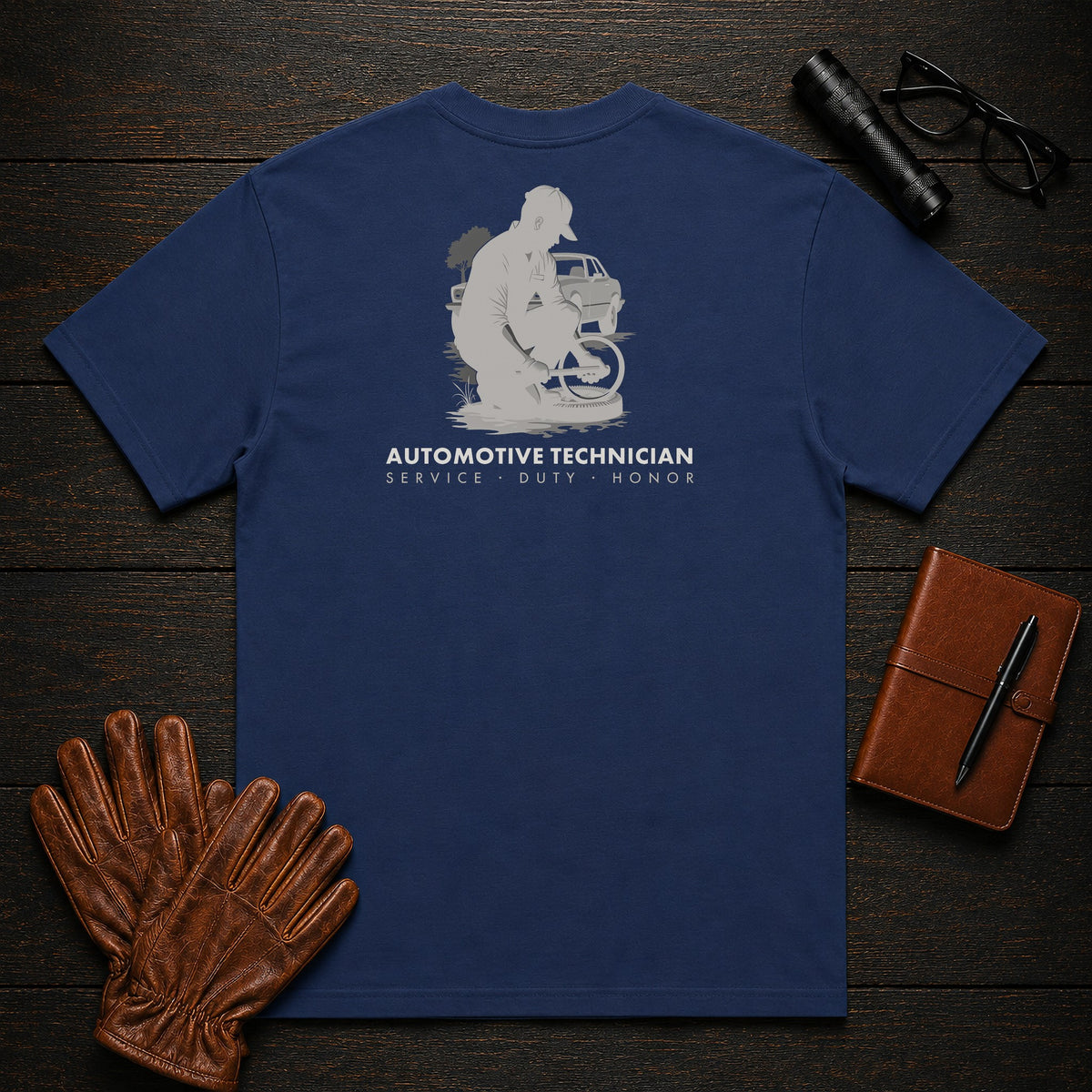 Automotive Technician t-shirt in True Navy, Torquing a Wheel (Male)