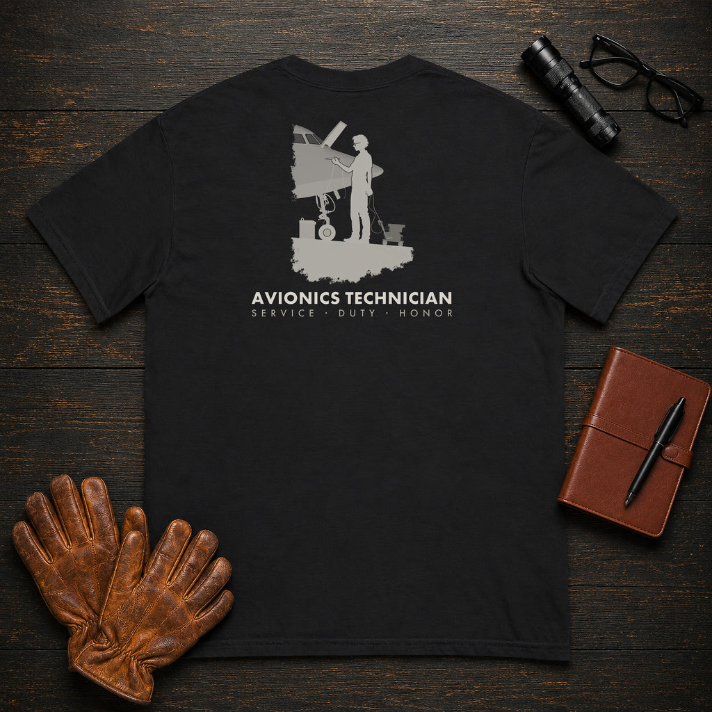 Avionics Technician t-shirt in Black, Testing Bay Wiring (Female)