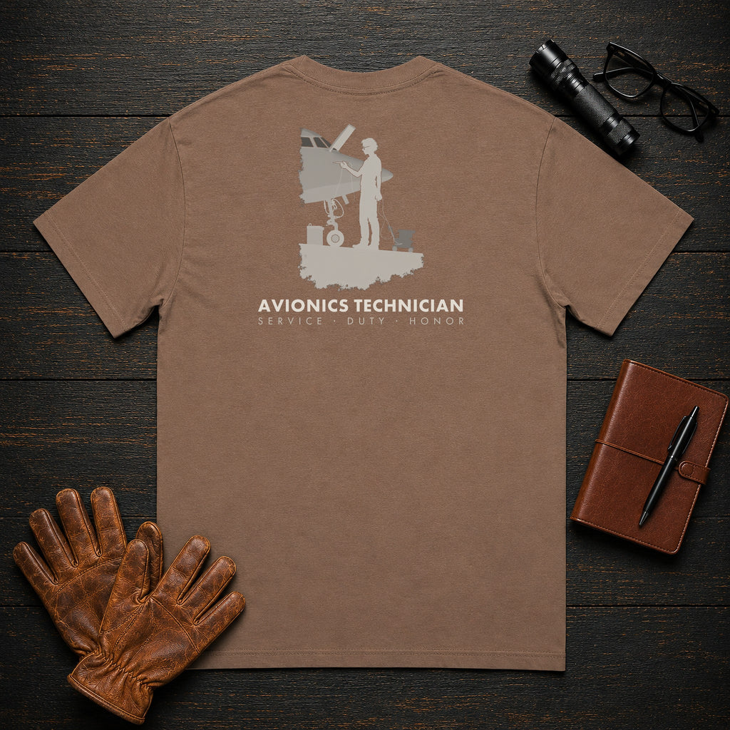 Avionics Technician t-shirt in Espresso, Testing Bay Wiring (Female)