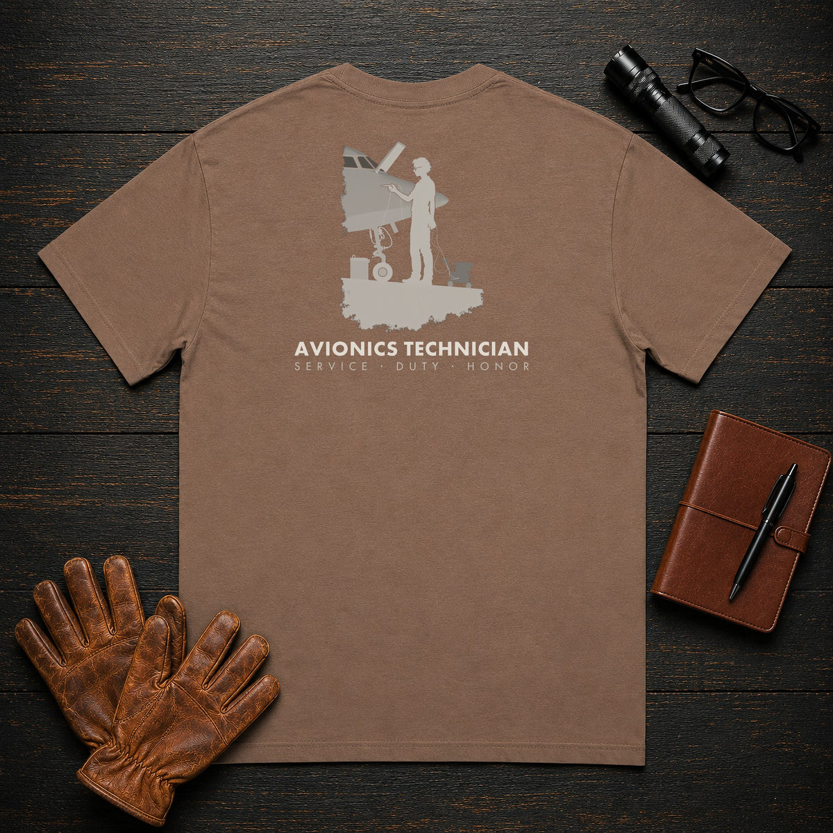 Avionics Technician t-shirt in Espresso, Testing Bay Wiring (Female)
