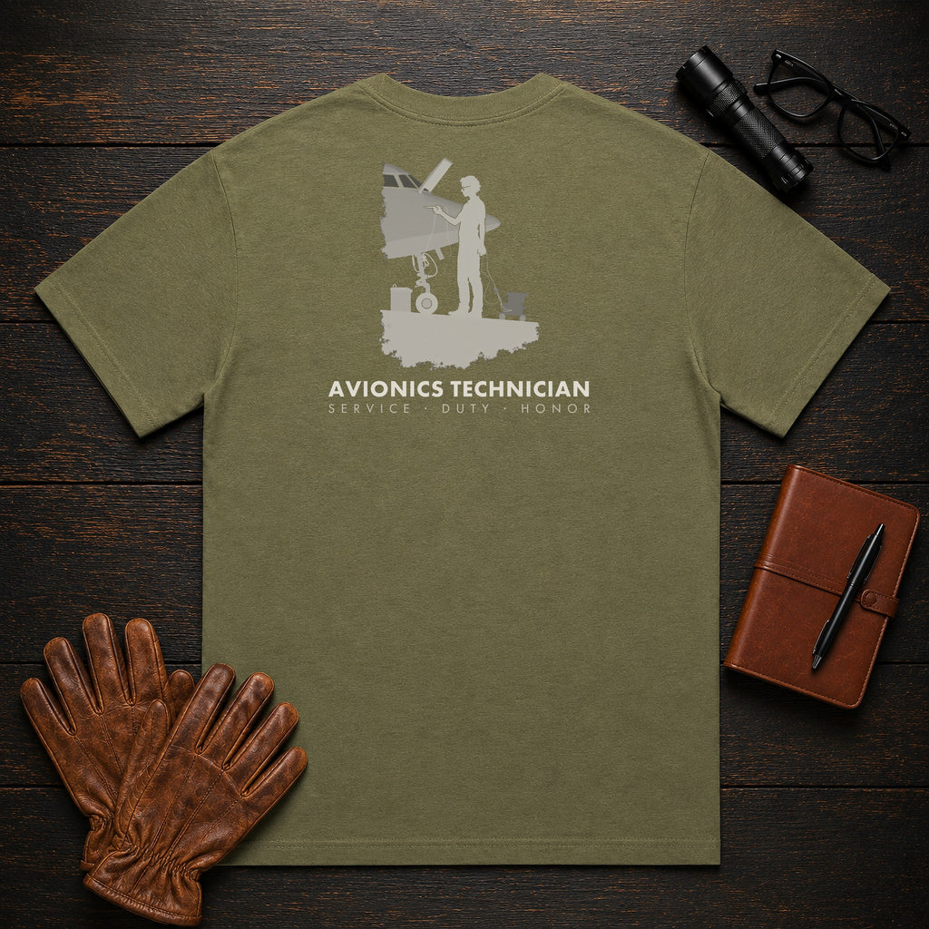 Avionics Technician t-shirt in Hemp, Testing Bay Wiring (Female)