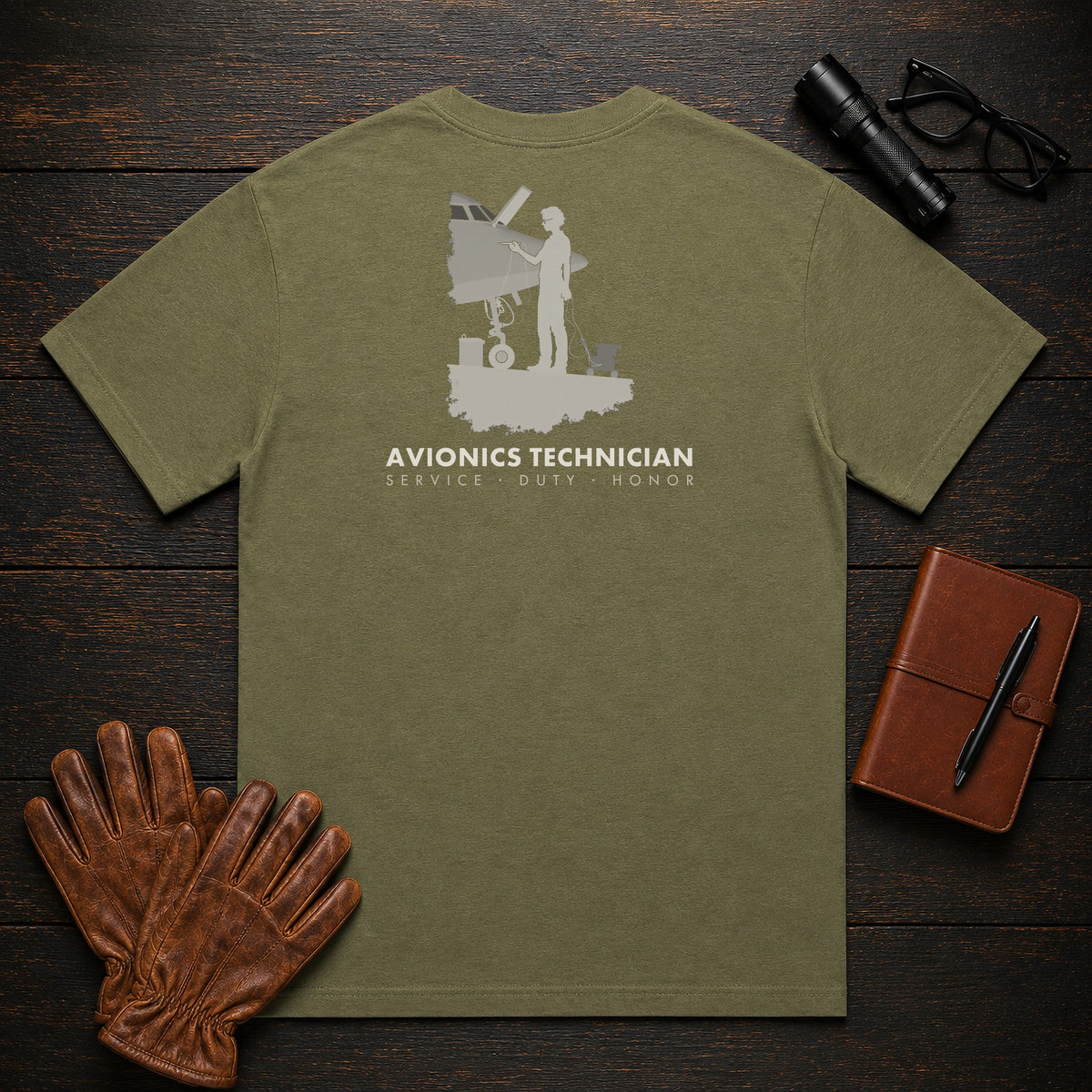 Avionics Technician t-shirt in Hemp, Testing Bay Wiring (Female)