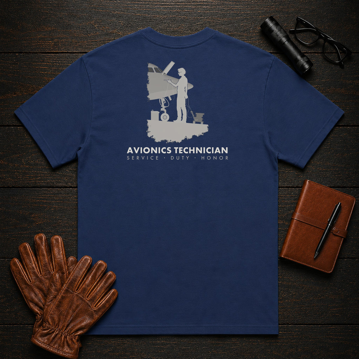 Avionics Technician t-shirt in True Navy, Testing Bay Wiring (Female)