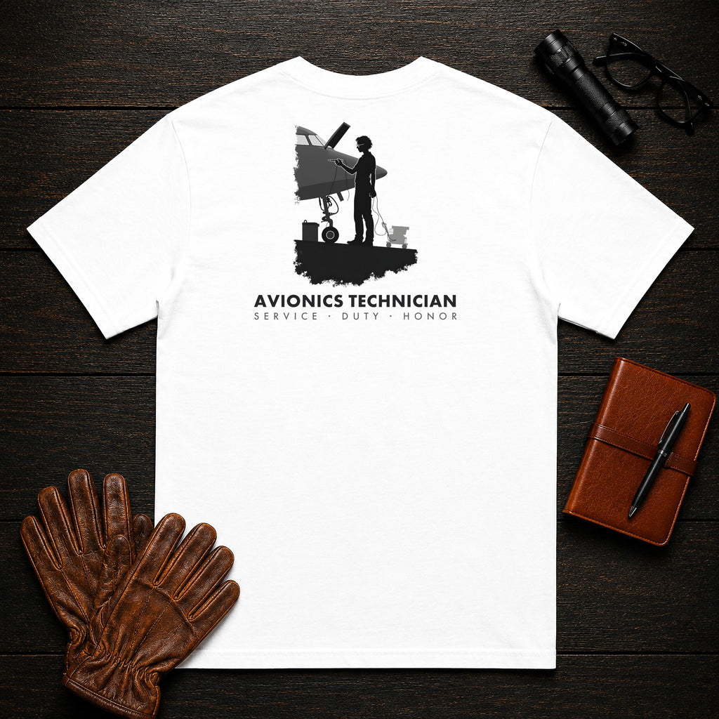 Avionics Technician t-shirt in White, Testing Bay Wiring (Female)