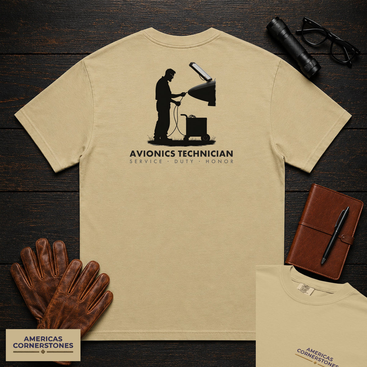 Avionics Technician embroidered t-shirt in Khaki, Testing Bay Wiring (Male)