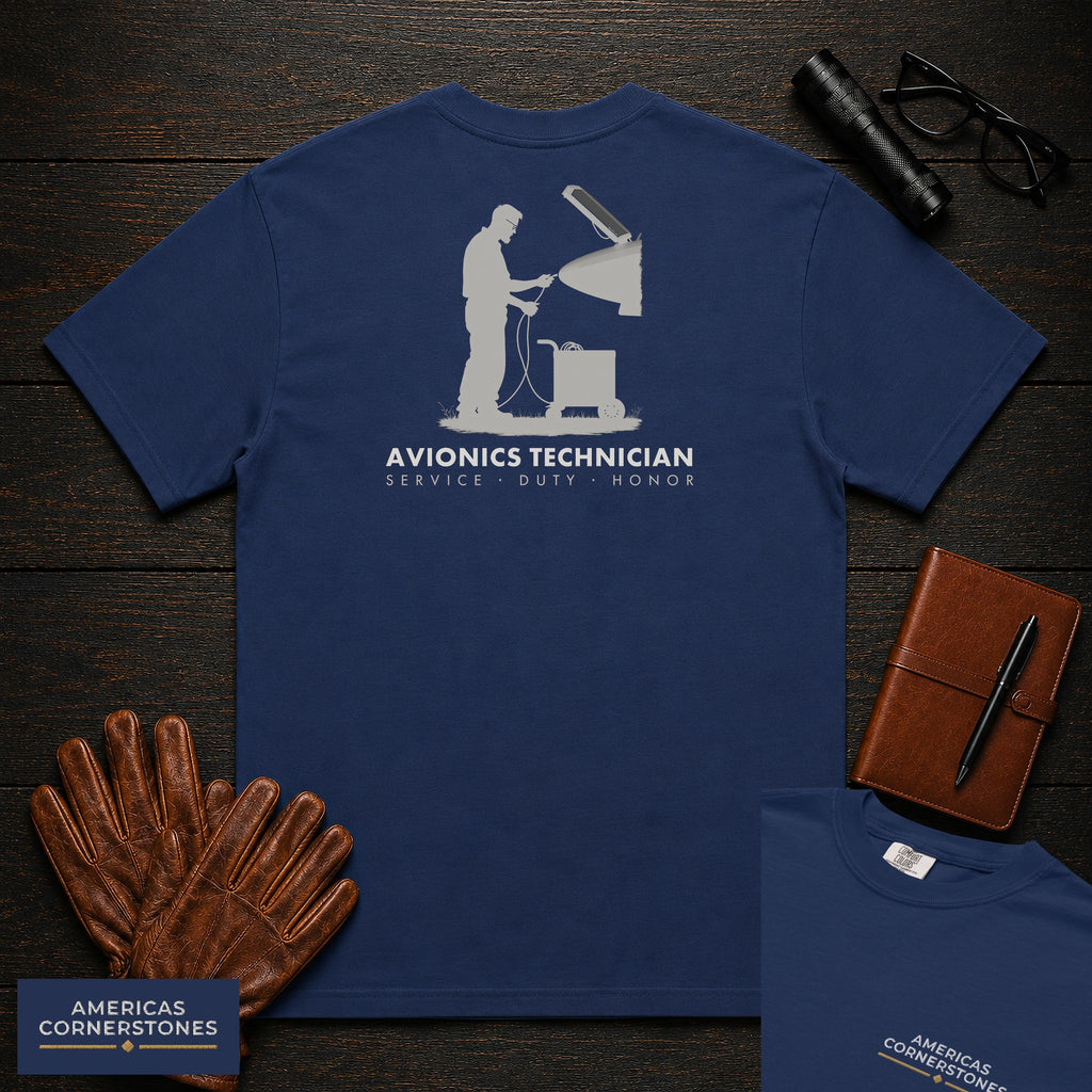 Avionics Technician embroidered t-shirt in True Navy, Testing Bay Wiring (Male)