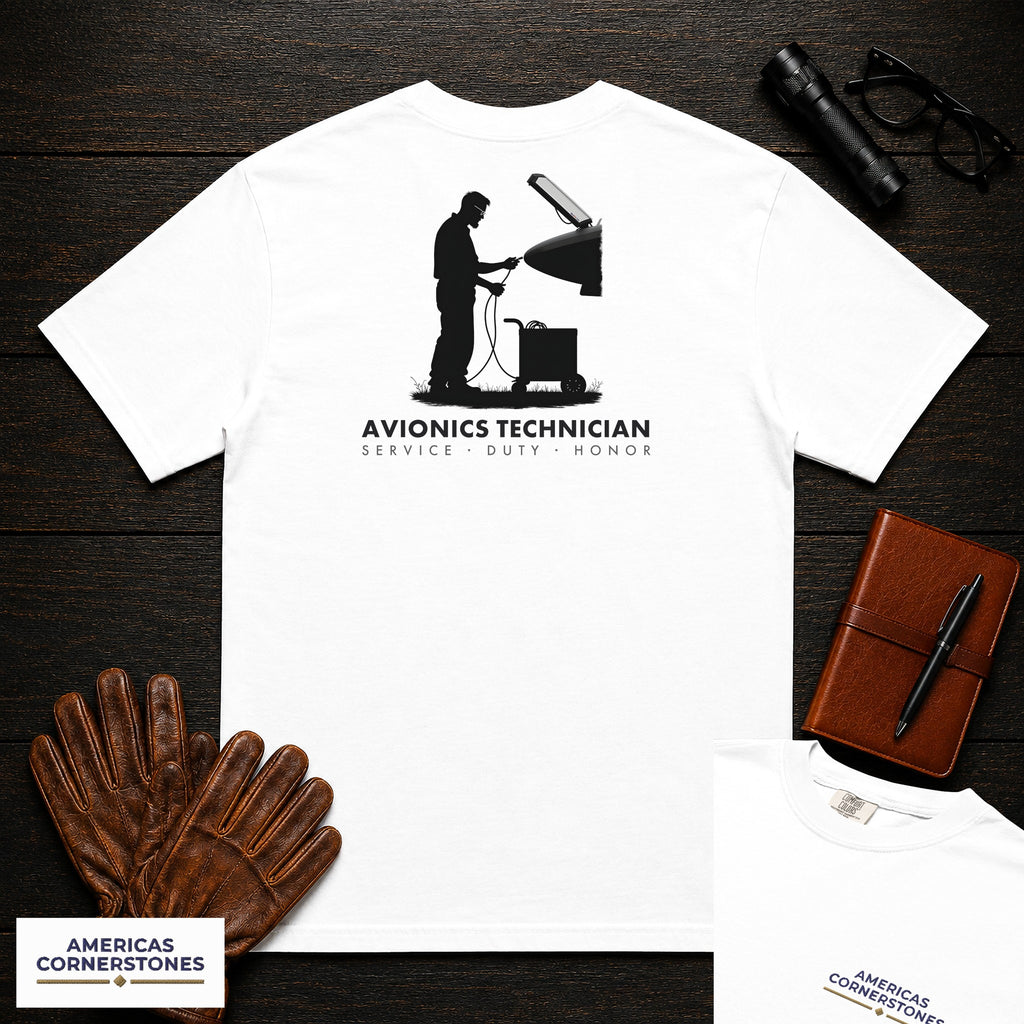 Avionics Technician embroidered t-shirt in White, Testing Bay Wiring (Male)