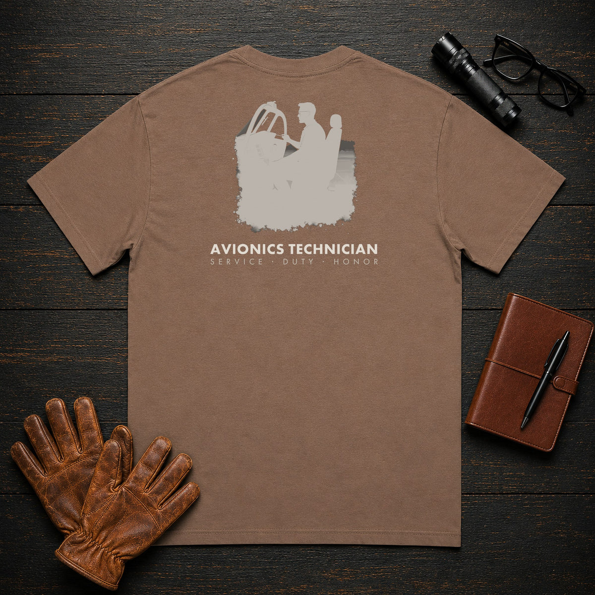 Avionics Technician t-shirt in Espresso, Cockpit Panel Check (Male)