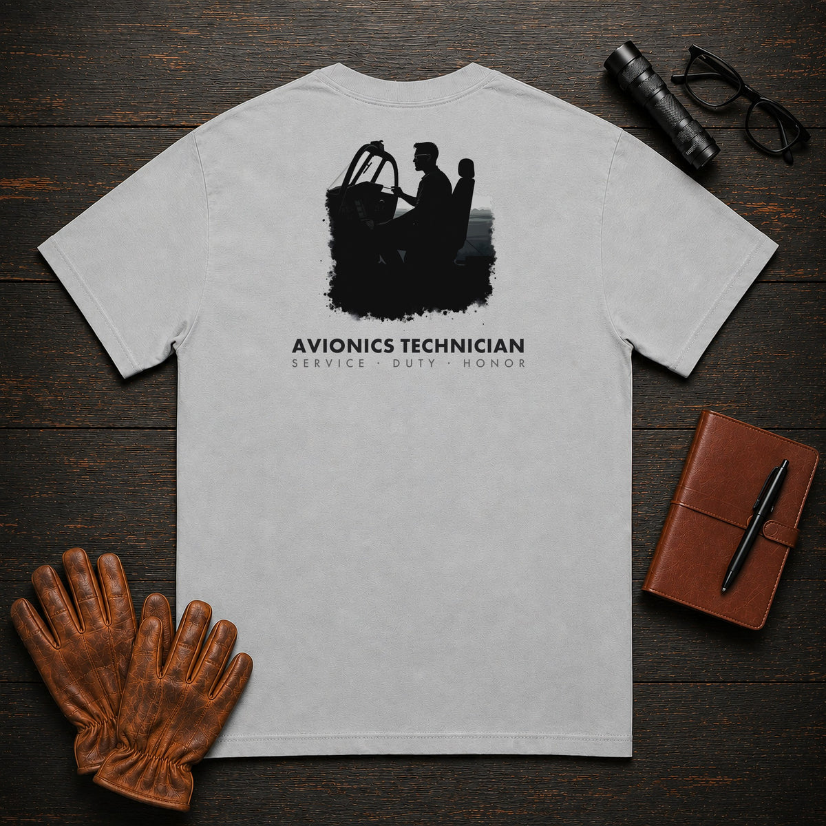 Avionics Technician t-shirt in Granite, Cockpit Panel Check (Male)