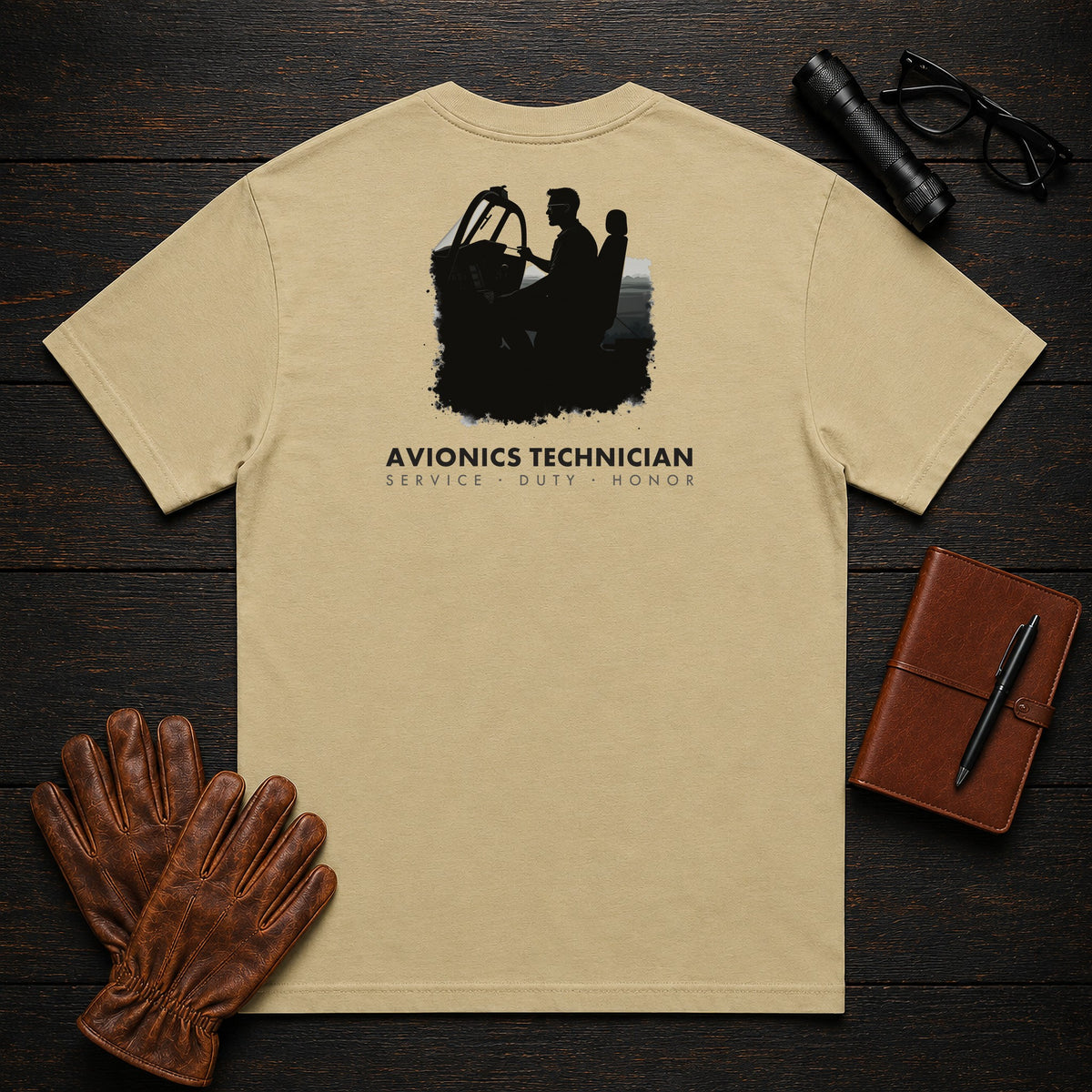 Avionics Technician t-shirt in Khaki, Cockpit Panel Check (Male)