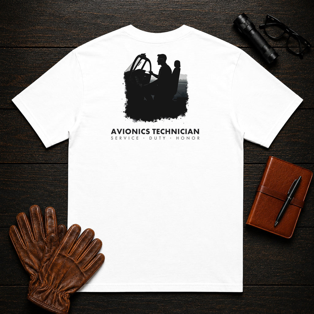 Avionics Technician t-shirt in White, Cockpit Panel Check (Male)