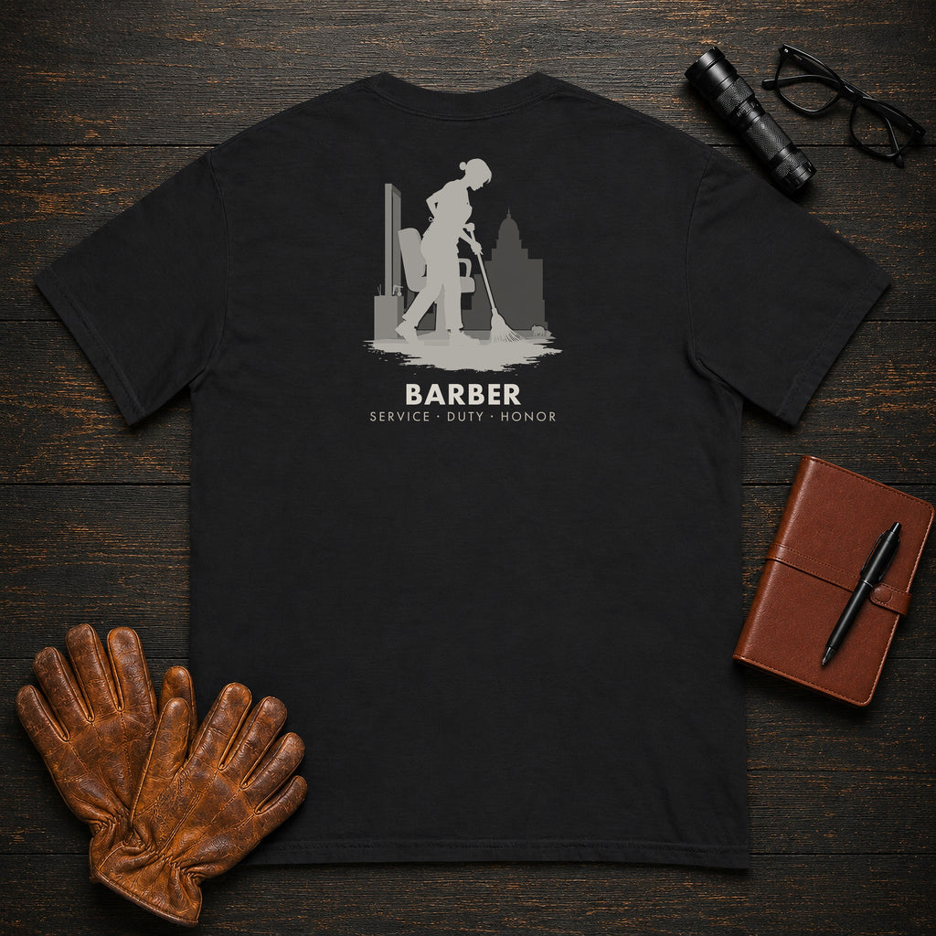 Barber t-shirt in Black, Sweeping the Floor (Female)
