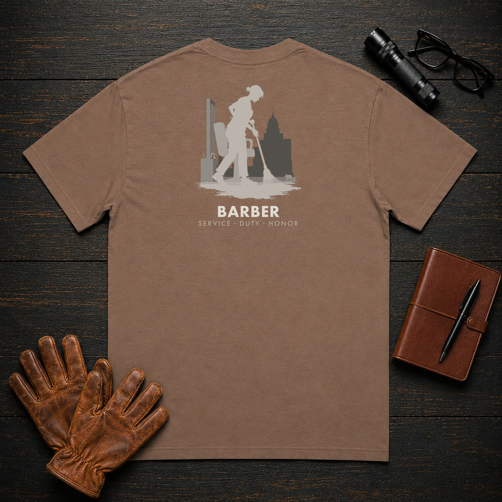 Barber t-shirt in Espresso, Sweeping the Floor (Female)