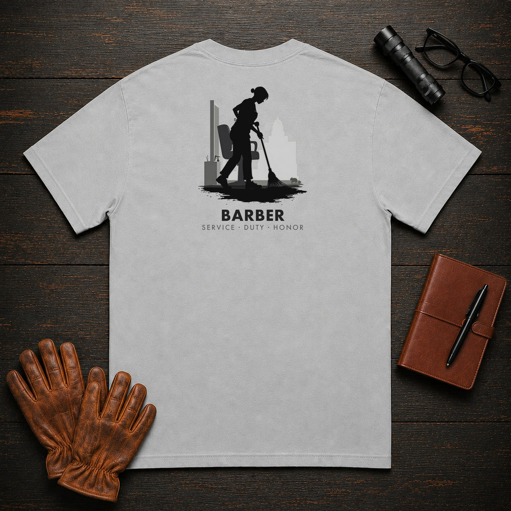 Barber t-shirt in Granite, Sweeping the Floor (Female)