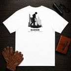 Barber t-shirt in White, Sweeping the Floor (Female)