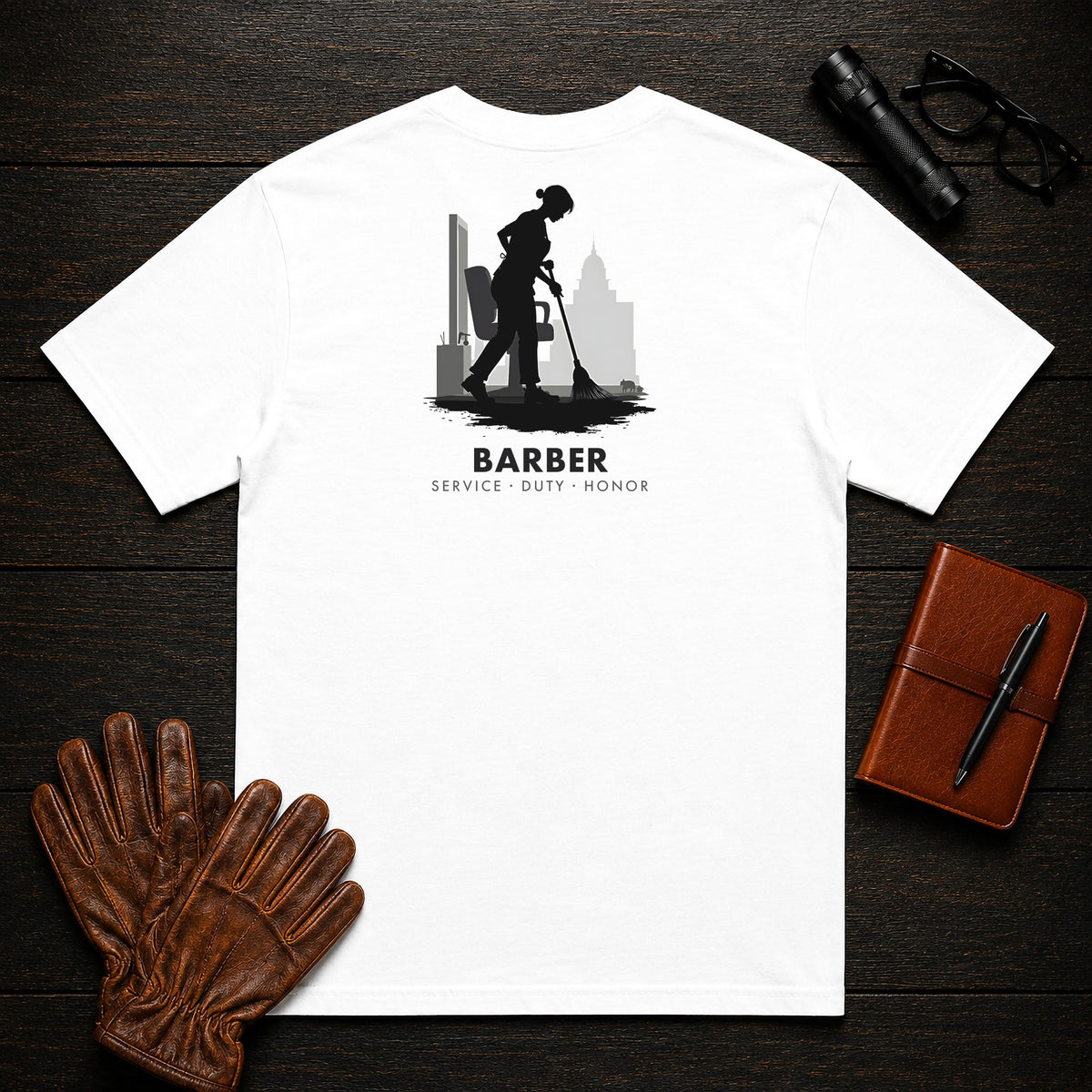 Barber t-shirt in White, Sweeping the Floor (Female)