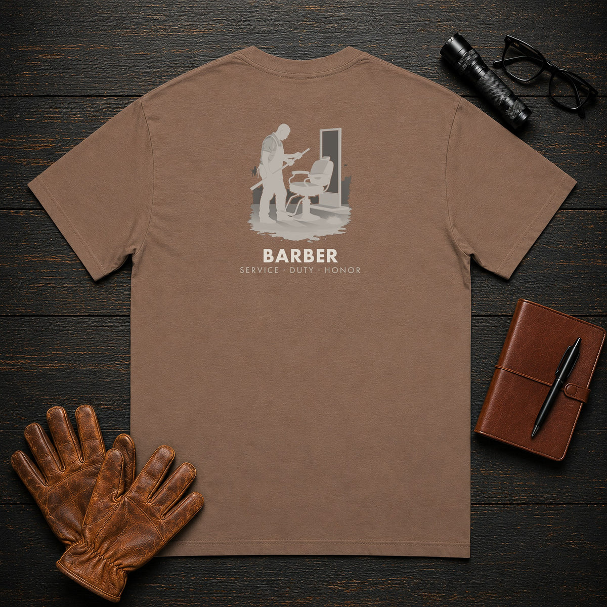 Barber t-shirt in Espresso, Sweeping the Floor (Male)