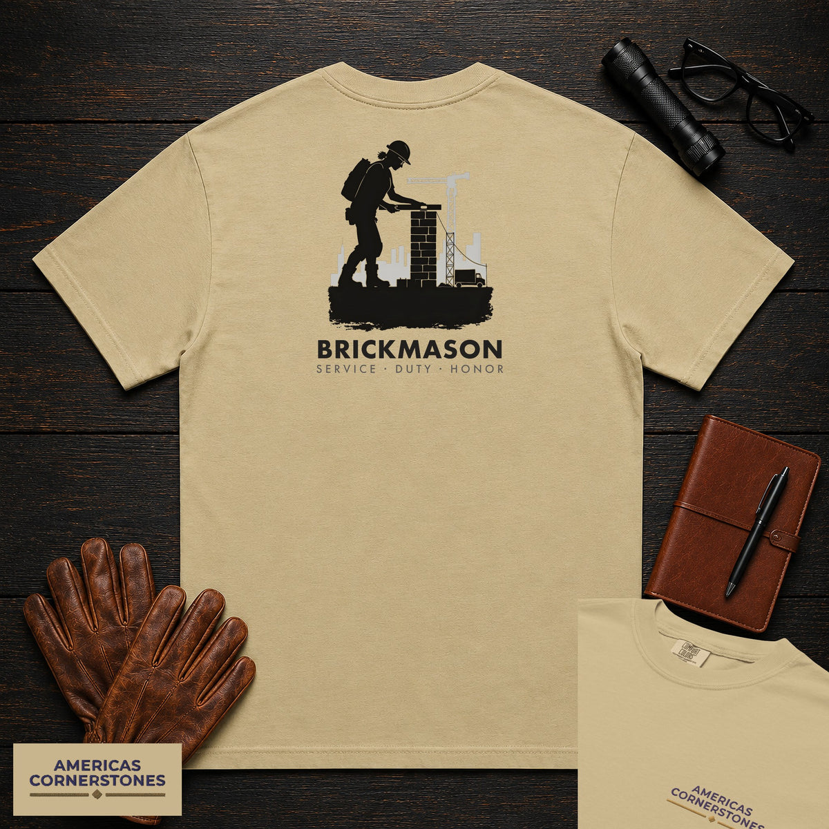 Brickmason embroidered t-shirt in Khaki, Checking Level (Female)