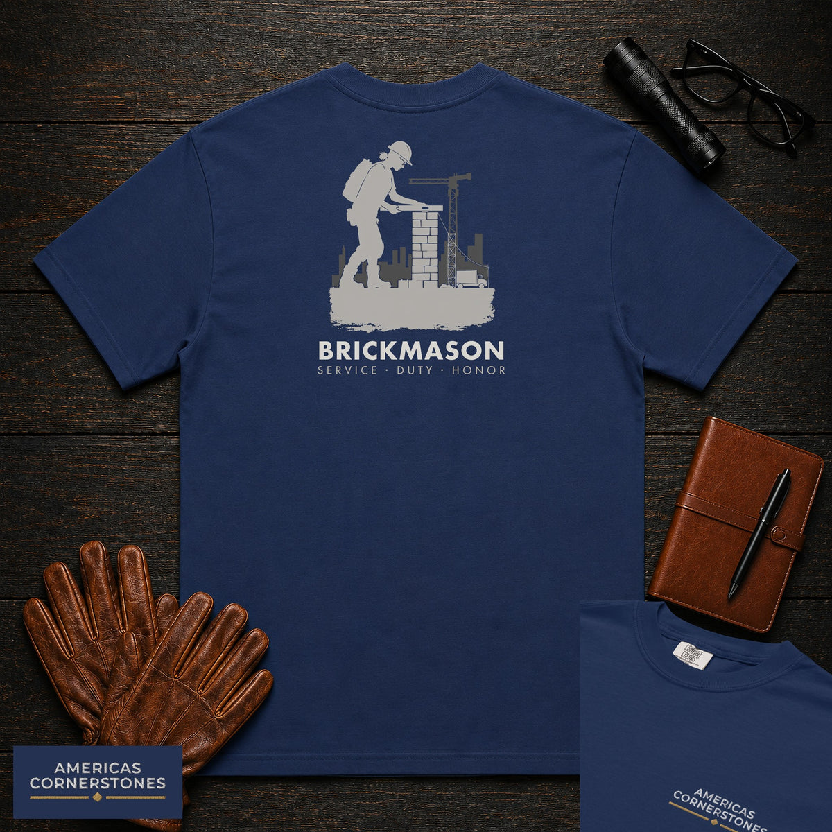 Brickmason embroidered t-shirt in True Navy, Checking Level (Female)
