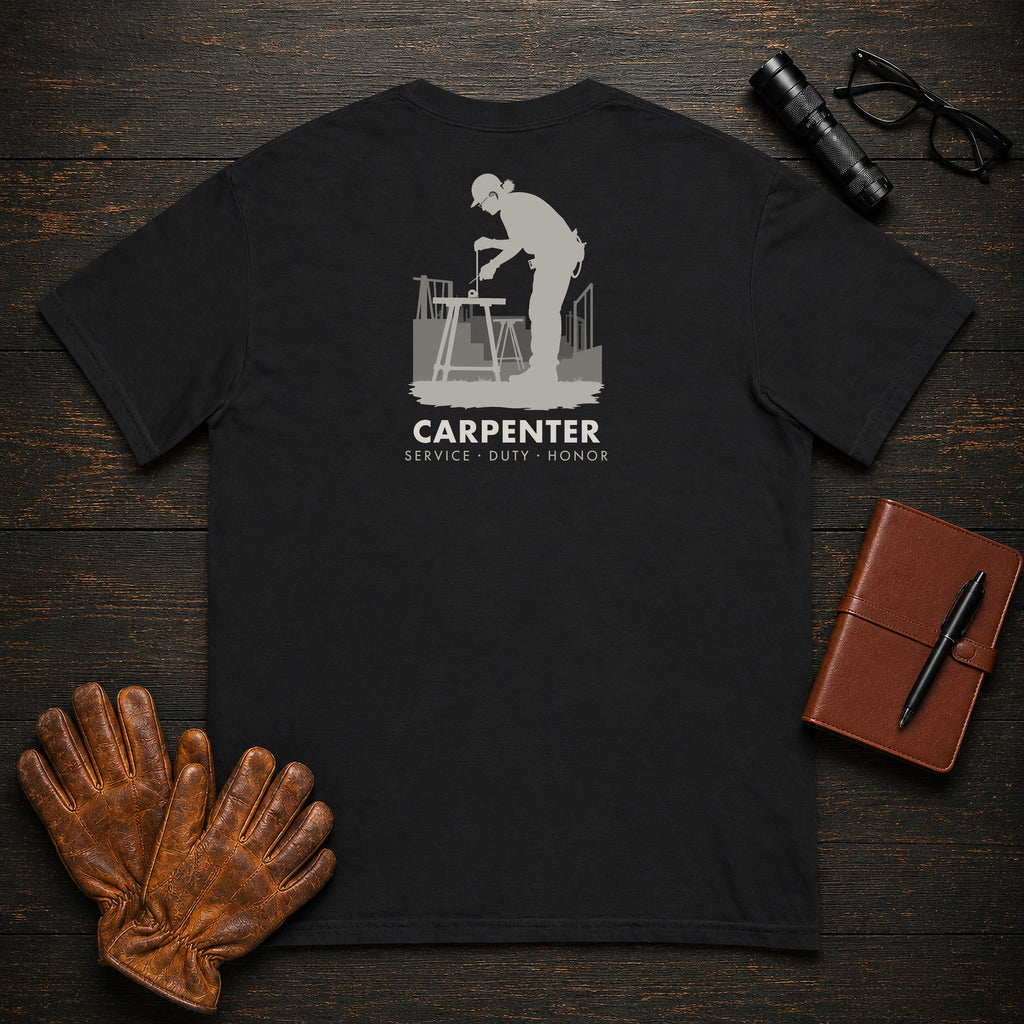 Carpenter t-shirt in Black, Measuring a Board (Female)