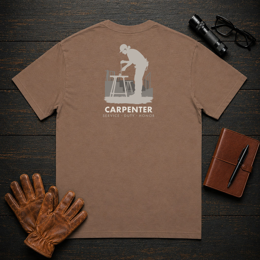 Carpenter t-shirt in Espresso, Measuring a Board (Female)