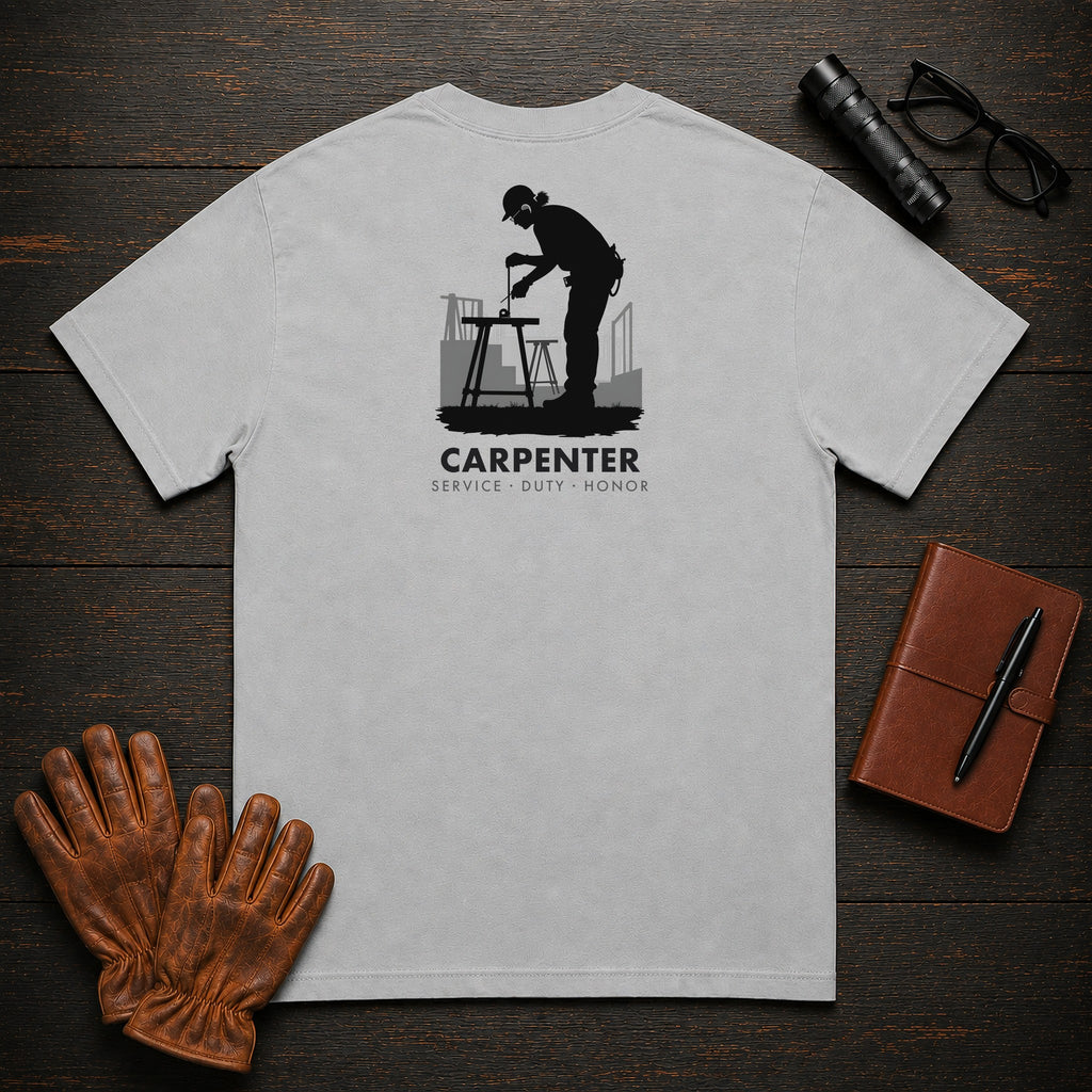 Carpenter t-shirt in Granite, Measuring a Board (Female)