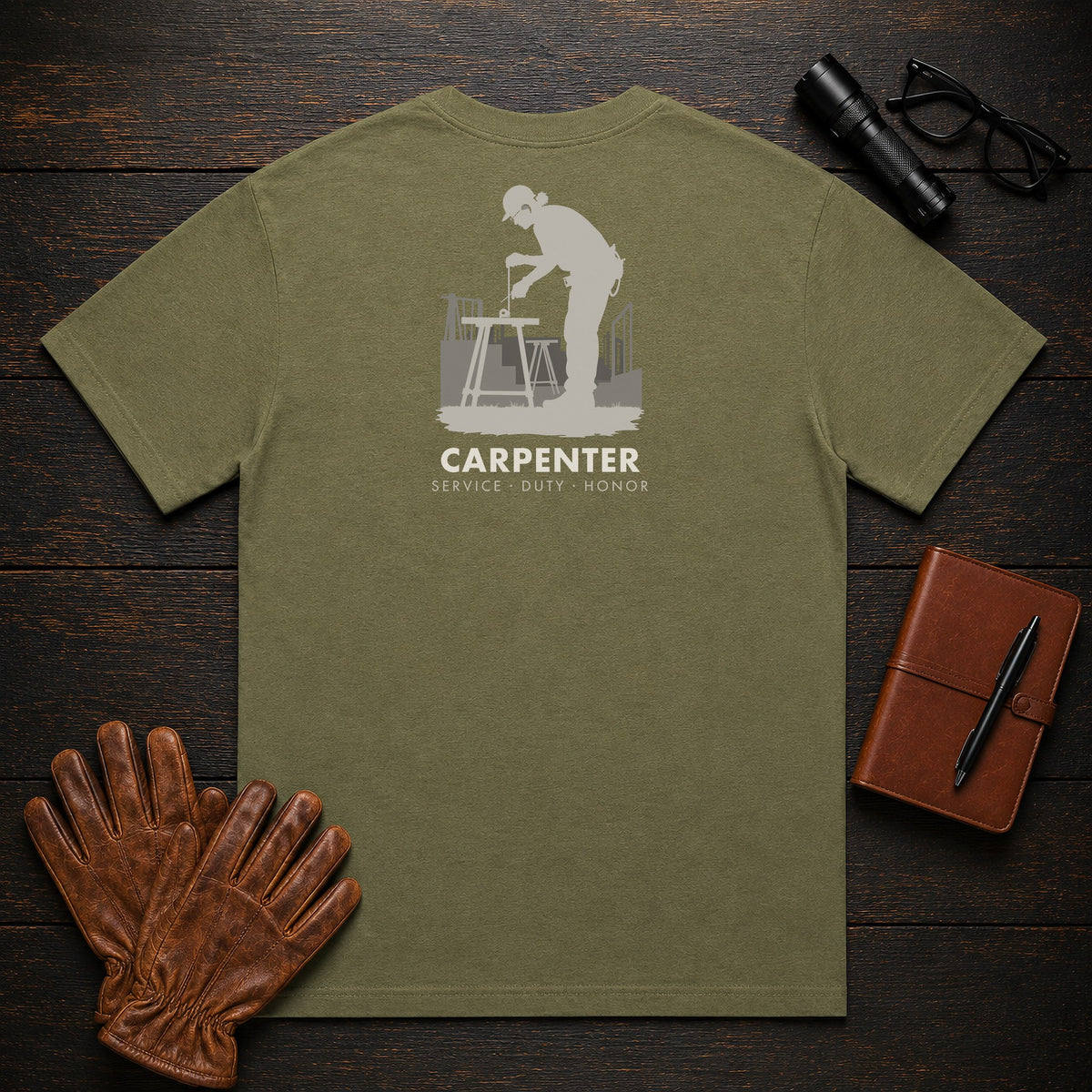 Carpenter t-shirt in Hemp, Measuring a Board (Female)