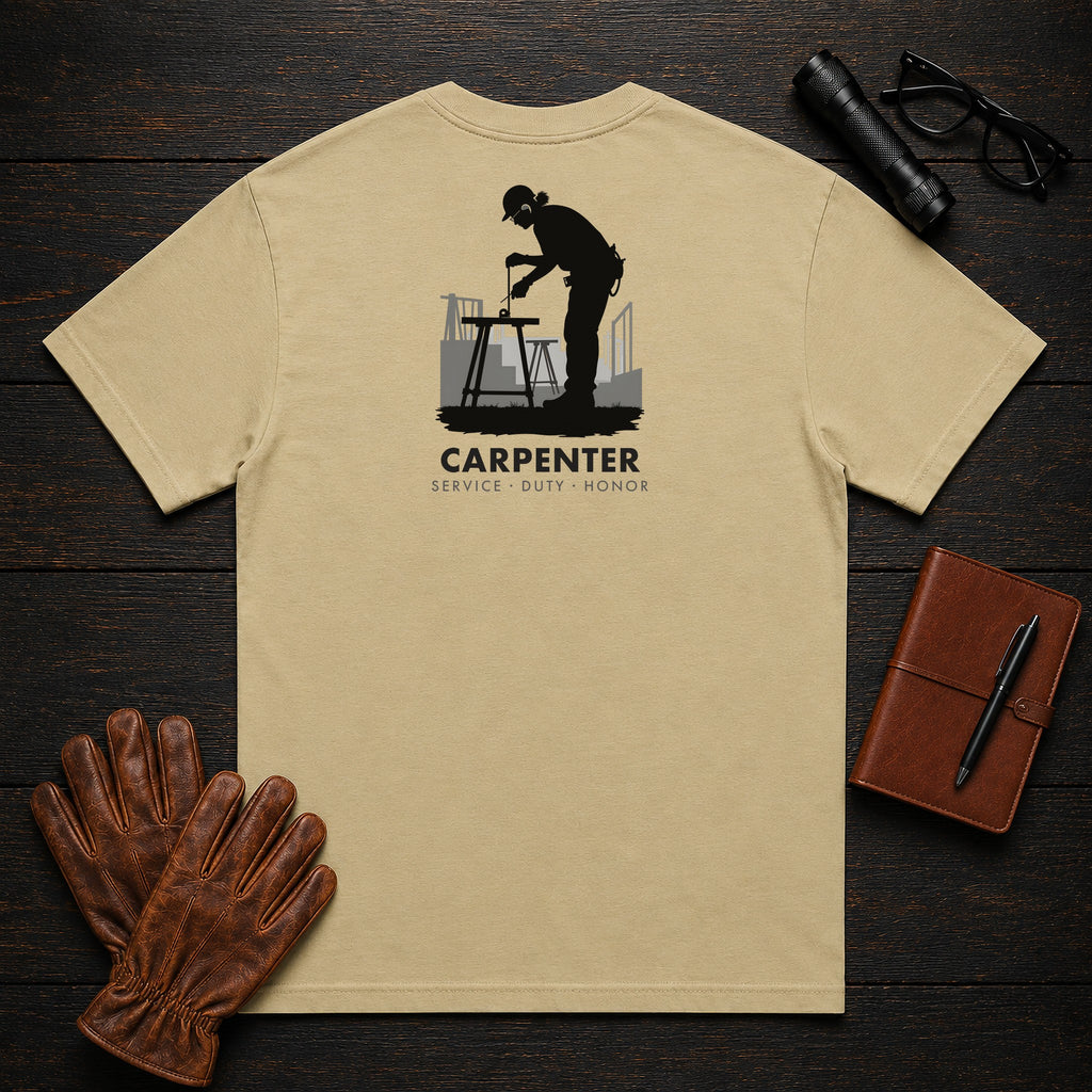 Carpenter t-shirt in Khaki, Measuring a Board (Female)