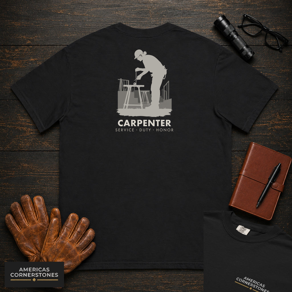 Carpenter embroidered t-shirt in Black, Measuring a Board (Female)