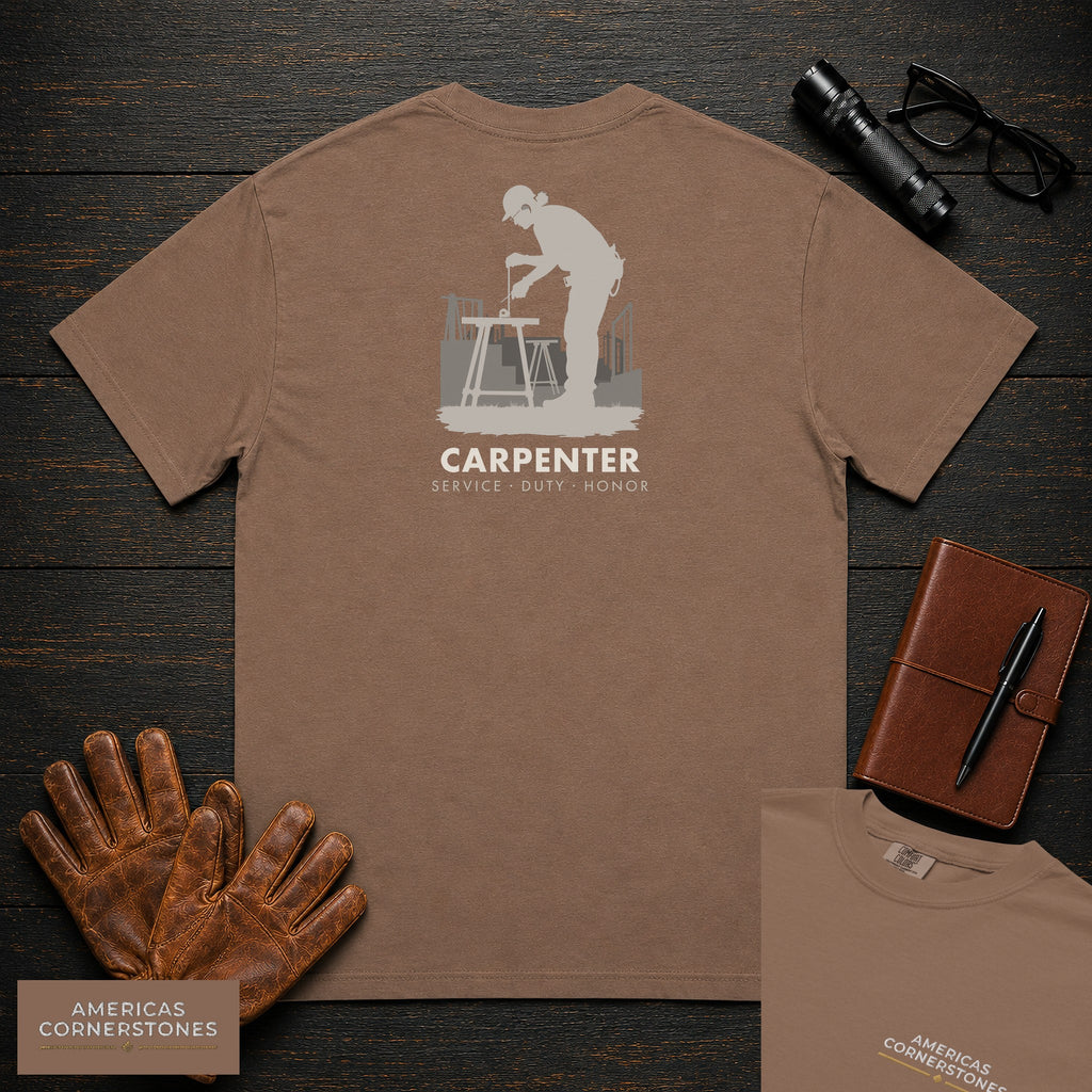 Carpenter embroidered t-shirt in Espresso, Measuring a Board (Female)