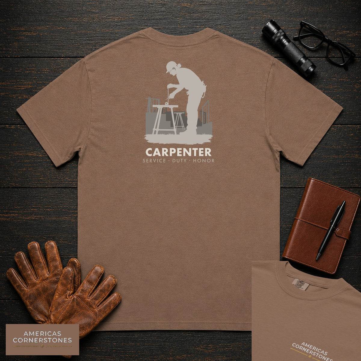 Carpenter embroidered t-shirt in Espresso, Measuring a Board (Female)