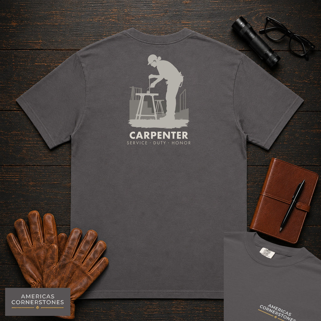 Carpenter embroidered t-shirt in Graphite, Measuring a Board (Female)