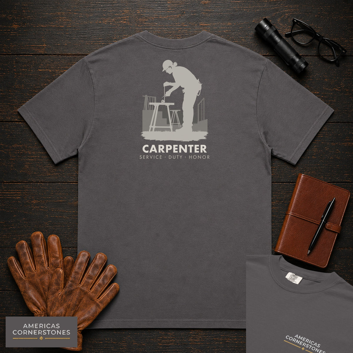 Carpenter embroidered t-shirt in Graphite, Measuring a Board (Female)