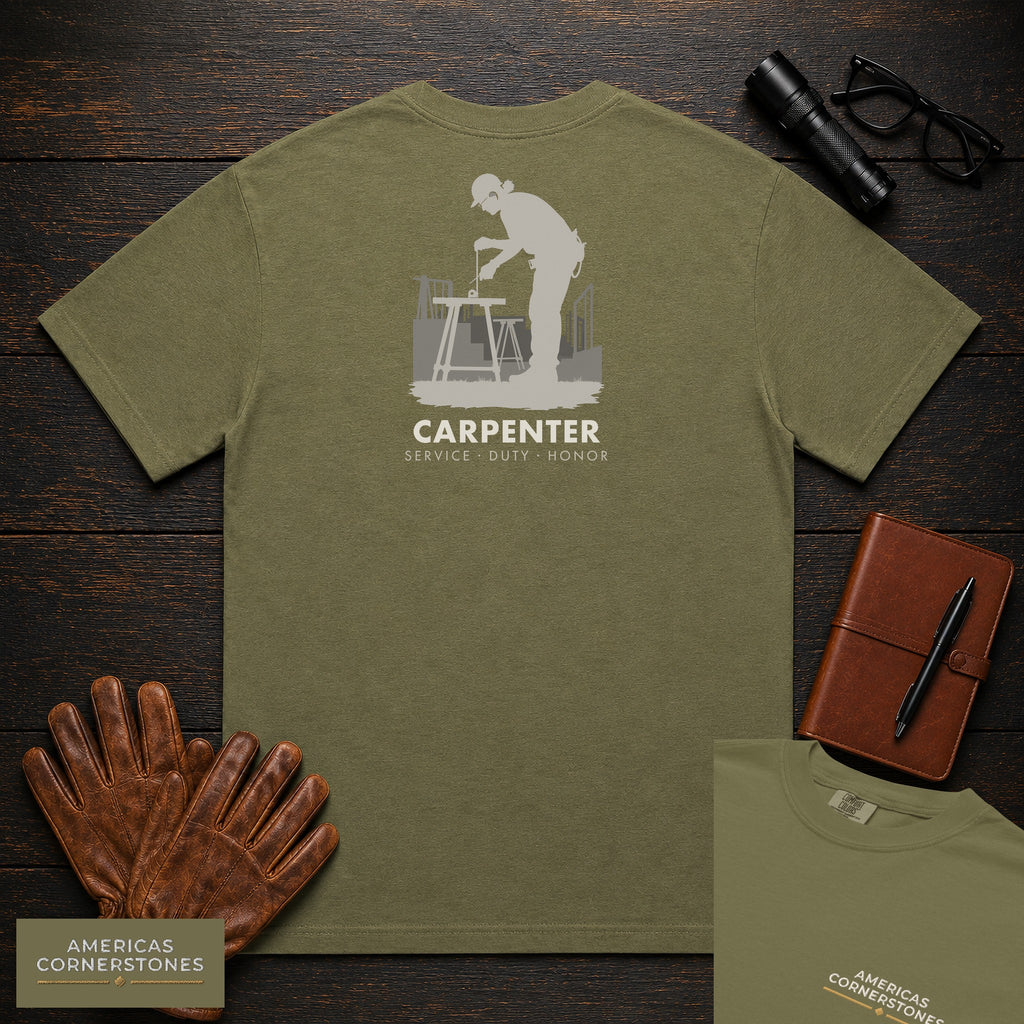 Carpenter embroidered t-shirt in Hemp, Measuring a Board (Female)