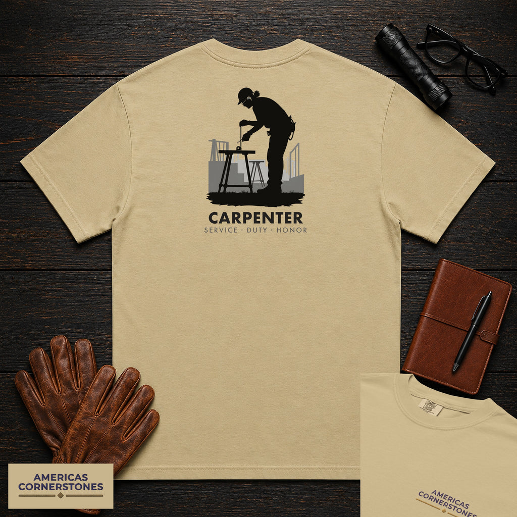 Carpenter embroidered t-shirt in Khaki, Measuring a Board (Female)