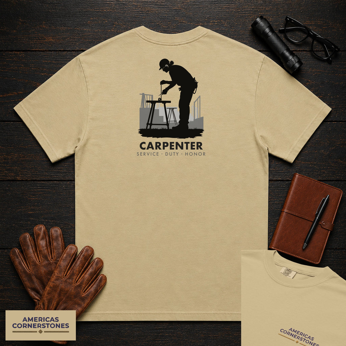 Carpenter embroidered t-shirt in Khaki, Measuring a Board (Female)