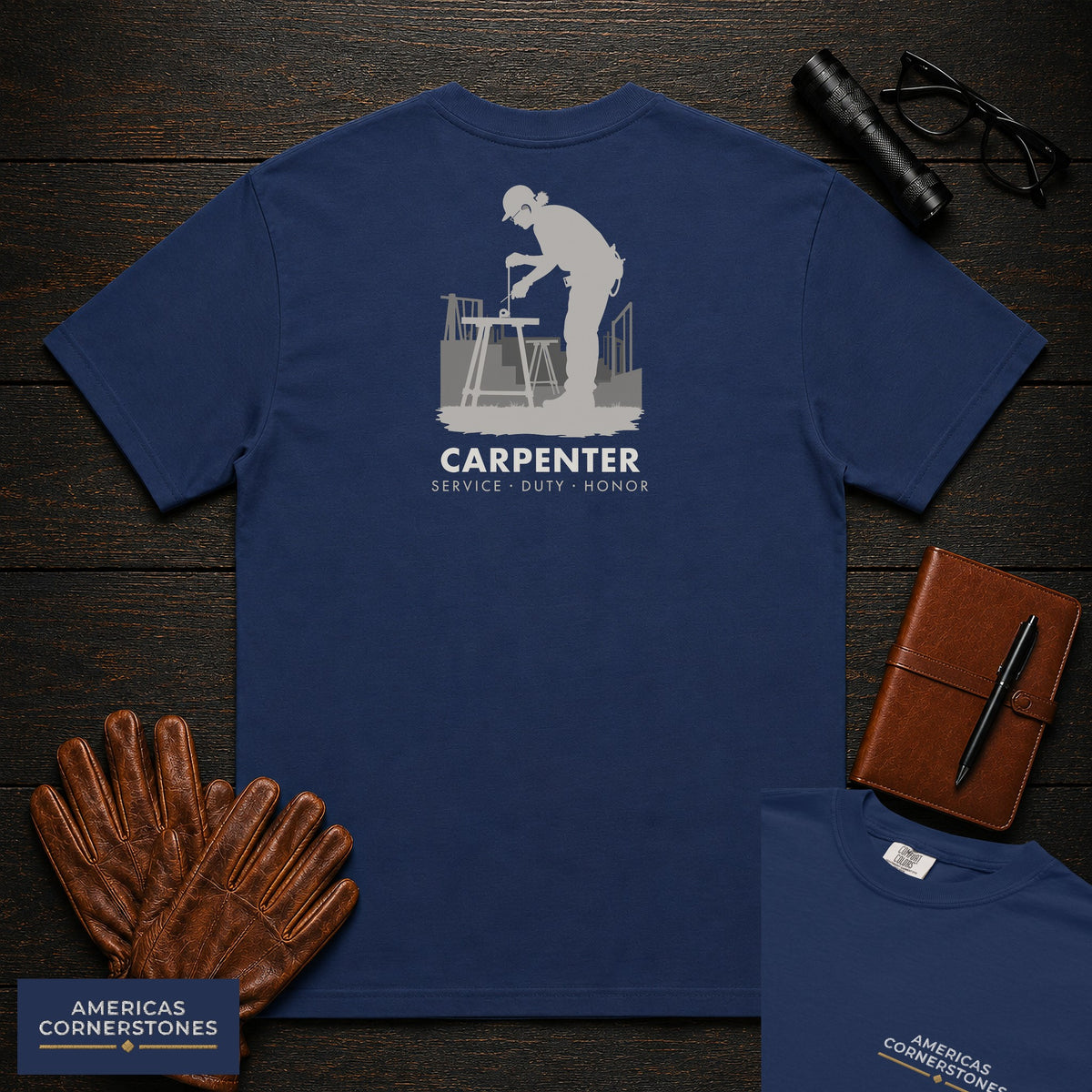 Carpenter embroidered t-shirt in True Navy, Measuring a Board (Female)