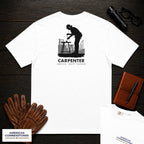 Carpenter embroidered t-shirt in White, Measuring a Board (Female)