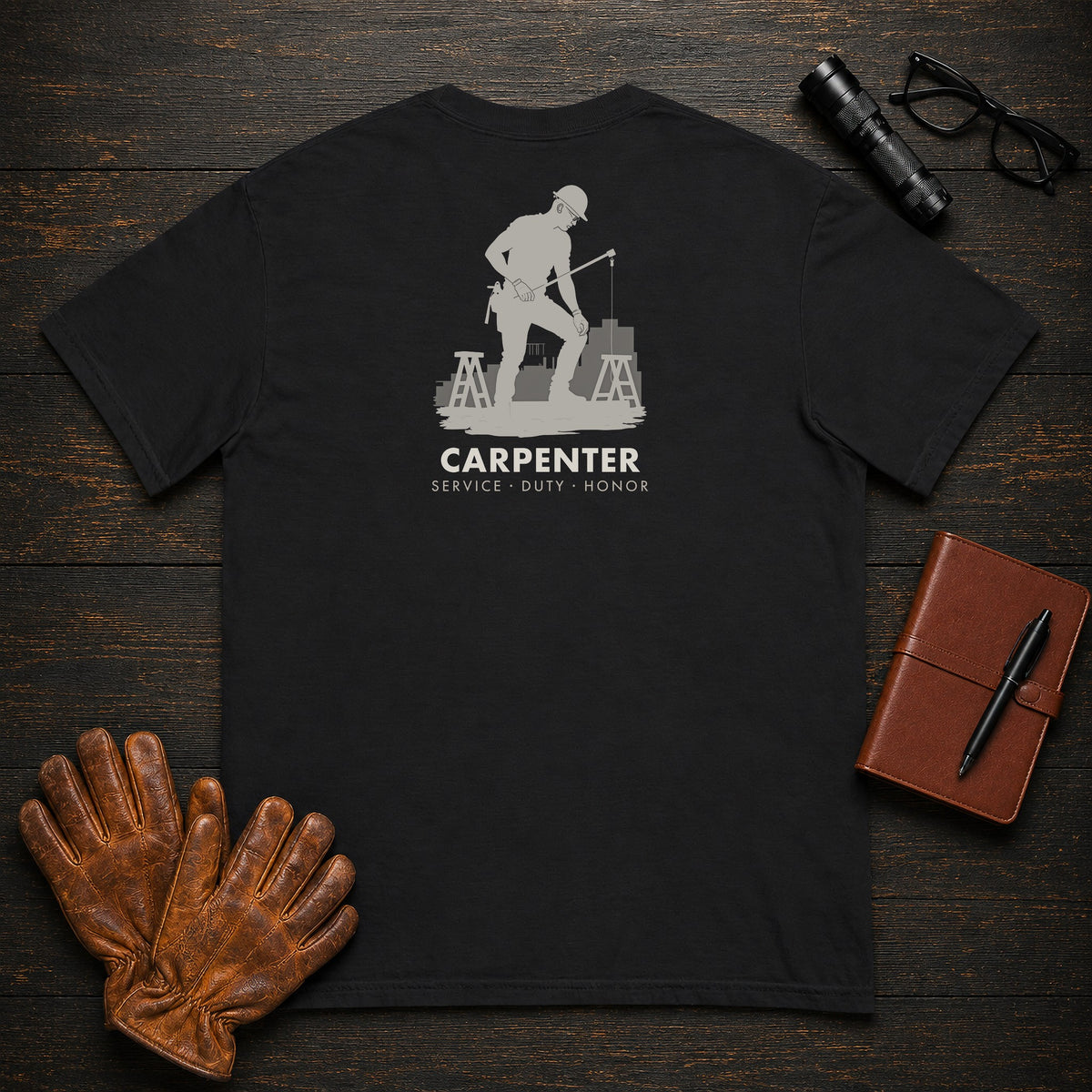 Carpenter t-shirt in Black, Measuring a Board (Male)